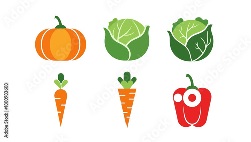 Healthy Organic Vegetables Fresh Pumpkin, Cabbage, Carrot, and Bell Pepper Icons for Healthy Eating