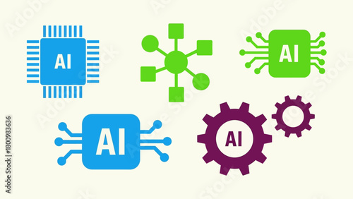 Comprehensive Set of Artificial Intelligence Icons Representing Advanced Tech and Data Processing