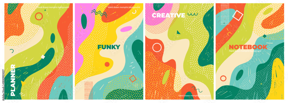 Naklejka premium Swiss aesthetic cover or poster template collection. Crayon drawn geometric shapes, liquid forms with doodles.