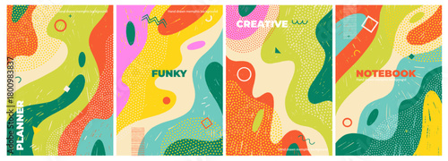 Swiss aesthetic cover or poster template collection. Crayon drawn geometric shapes, liquid forms with doodles.