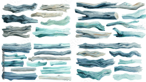 A watercolor set of driftwood branches in cool blue and turquoise tones with smooth textures and organic shapes. Suitable for ocean themes, decorative design, and coastal illustration.