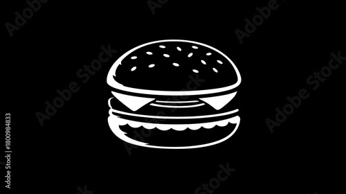Minimalist white outline hamburger icon on black background. Simple vector illustration for fast food menus, apps, and digital designs.