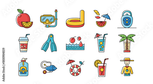 A vibrant collection of summer and beach vacation themed icons, perfect for holidays, travel, and leisure activities.