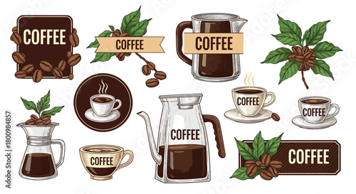 A collection of detailed coffee illustrations featuring beans, plants, steaming cups, and various brewing equipment in a vintage style.