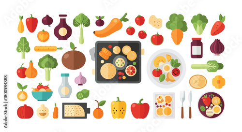 A vibrant flat lay collection showcasing a wide variety of fresh fruits, vegetables, and healthy prepared meals for nutritious living.