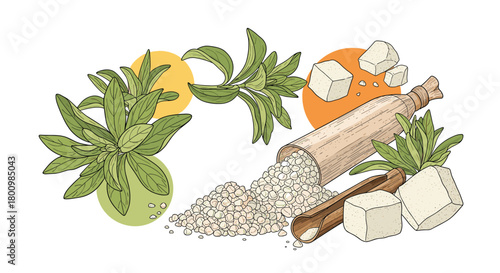 Detailed botanical illustration of fresh stevia leaves and various forms of natural stevia sweetener, including granules and cubes.