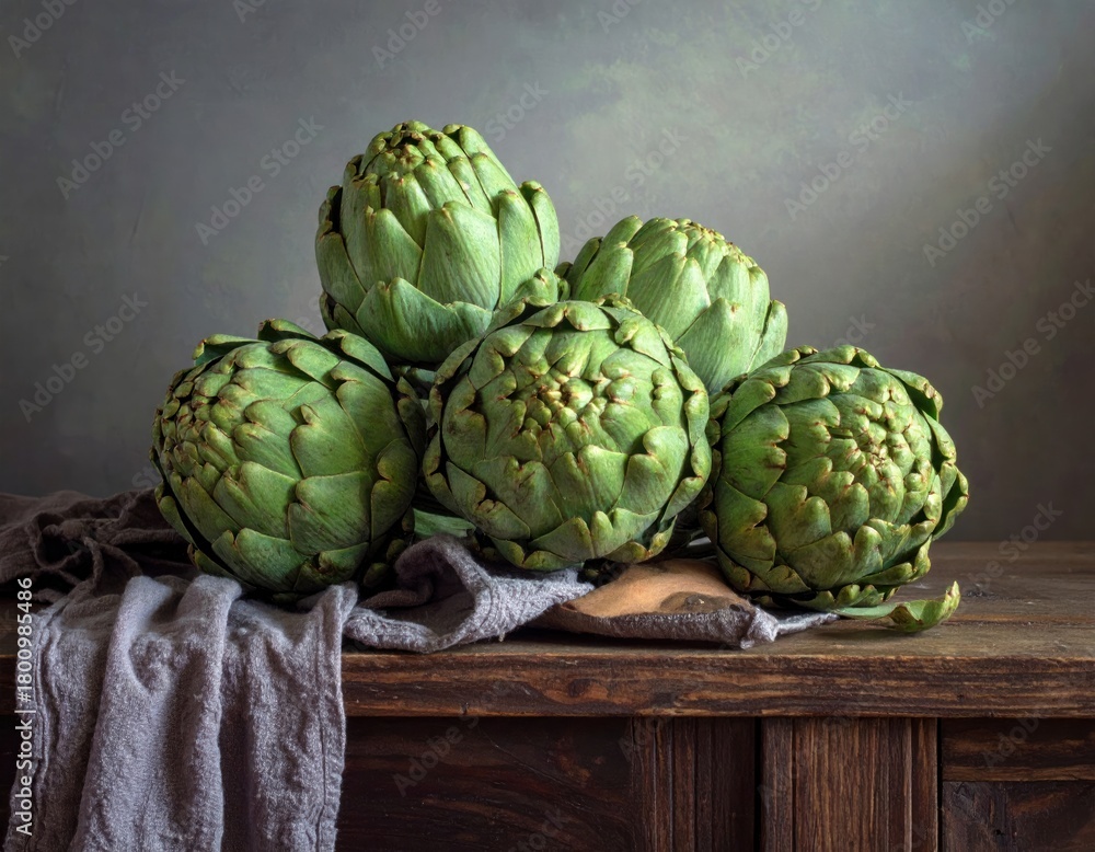 Fototapeta premium Still life of five green artichokes on rustic wooden table, cloth present