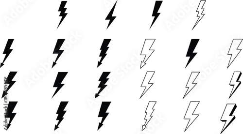 Black outline lightning bolt icon set vector, electric flash thunder electricity symbol, energy storm power graphic, charge strike doodle.