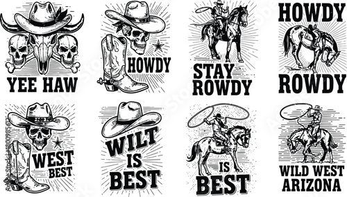 Cowboy wild west vintage vector set, skull horse boot hat illustration, Arizona rodeo, outlaw sheriff typography graphic, western retro.