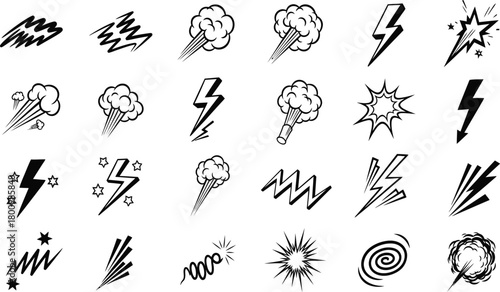 Hand drawn comic explosion impact smoke lightning icon set vector, cartoon energy flash burst cloud star, boom impact symbol.