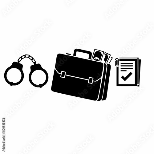 World Corruption Day concept design vector silhouette with handcuffs, documents and money suitcase
