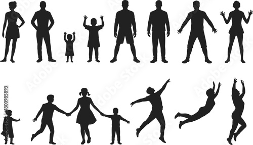 Black silhouette set of diverse human figures in standing, dancing, jumping, and interactive poses including adults and children
