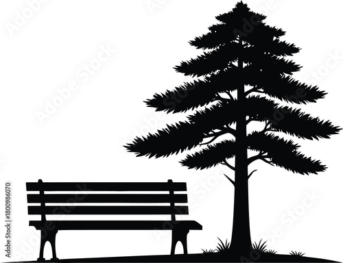 Pine tree and park bench silhouette vector, black outdoor landscape icon, natural garden design, forest, park sitting scene illustration