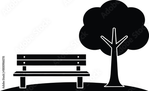 Park bench and tree silhouette vector icon, outdoor garden landscape element, black park furniture, nature scene, sitting area design illustration