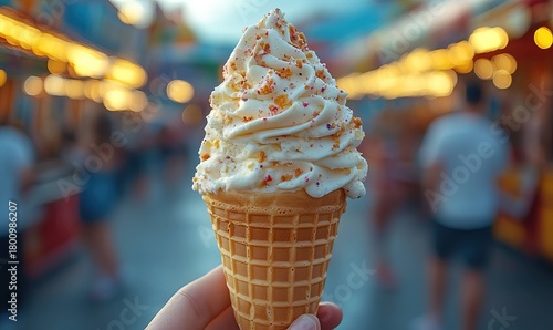 A delectable swirl of vanilla ice cream in a waffle cone at festival