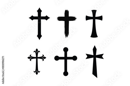 Christian Cross Outline and Solid Silhouette Icon Set