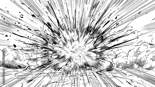 Powerful black and white impact explosion with debris and radial speed lines for graphic design and manga style