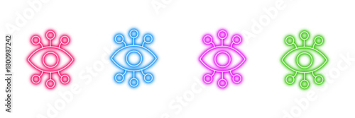 Neon glowing all seeing eye vector icons set, vision, perception, third eye, spiritual, mystic, luminous, vibrant colorful digital design illustration on transparent background.