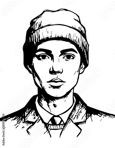 Vector illustration portrait sketch of a young man's face with black hair and vintage style fashion drawing