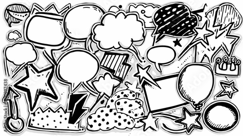 Hand-drawn doodle comic elements pattern. Speech bubbles, thought clouds, stars, and cartoon graphics in black and white sketch style.