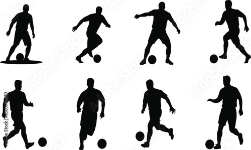 Set of soccer football player silhouette ball vector icons, athlete kicking, dribbling, running, sports action collection, black illustration.