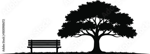 Silhouette of oak tree and park bench vector, natural landscape icon, black outdoor garden design, sitting area, tranquil scene illustration.