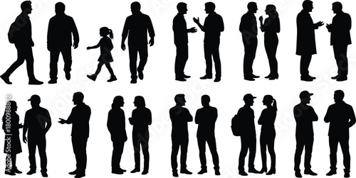 People silhouette, talking, social interaction, communication, casual conversation, male female figures, standing, black and white, group,business, friends, shadow, diverse, adults, community.