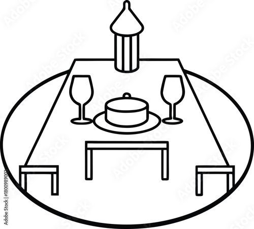 Dinner Table Setting at Home Line Art Transparent Background