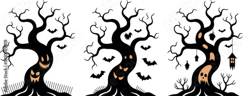 Spooky Halloween Trees with Bats and Jack o Lantern Faces for Autumn Celebrations