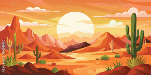 Desert landscape background vector art with cactus, mountains, and sun for graphic design use
