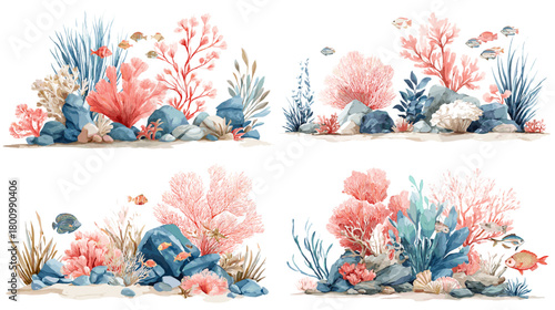 Watercolor coral reef scenes featuring fish, sea plants, rocks, and vibrant underwater life in soft blue and pink tones. Perfect for marine decor, wildlife art, and ocean themed design.