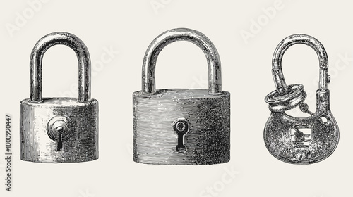 Three Vintage Padlocks Engraving. Antique Security Locks Hand-Drawn Illustration. Retro Old-Fashioned Safety Devices.
