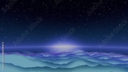 Abstract layered mountain landscape with turquoise and purple gradient waves under starry night sky with glowing horizon and atmospheric depth effects