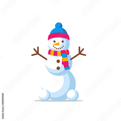Cheerful snowman illustration twisting merrily in a bright beanie and striped scarf
