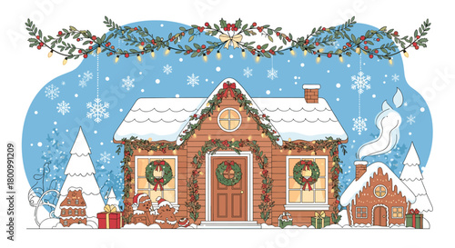 A charming Christmas scene with a snow-covered house decorated with festive garlands, lights, and wreaths, surrounded by gingerbread figures and gifts.