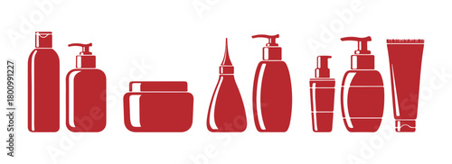 Collection of beauty cosmetics for makeup, body, hair, and skincare. Blue hue. Vector illustration set against a white backdrop. Products in bottles, tubes, jars, and dispensers. Flat design.