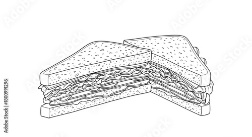 Detailed line art illustration depicting two hearty club sandwich halves, cut diagonally and layered with fresh ingredients, against a clean white background.