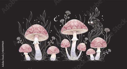 Mystical night forest scene with detailed pink and purple mushrooms, an ethereal glowing-eyed spirit, and delicate glowing plants under a crescent moon.