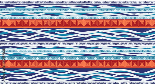 Seamless pattern with traditional Greek key borders and abstract blue waves on horizontal stripes, in white, blue, and terracotta.