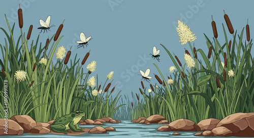 A green frog sits by a calm stream, surrounded by lush tall grass and cattails, as white-winged insects fly under a clear blue sky.