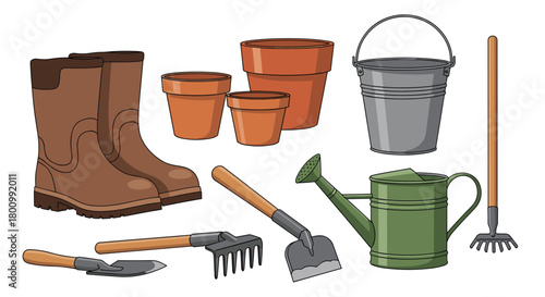 Essential gardening tools and supplies, including sturdy boots, terracotta pots, a metal bucket, a green watering can, and various small hand tools.