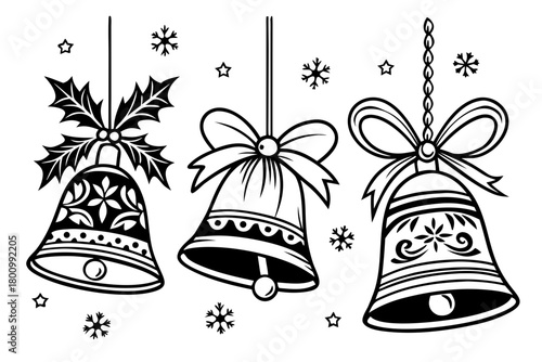 set of christmas bells on transparent Background. Set Hand Drawing Christmas Jingle Bells with Bows, Isolated Design Element. Christmas Bells Silhouette Set – Festive Holiday Decoration Vector .
