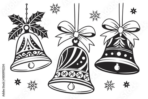 set of christmas bells on transparent Background. Set Hand Drawing Christmas Jingle Bells with Bows, Isolated Design Element. Christmas Bells Silhouette Set – Festive Holiday Decoration Vector .