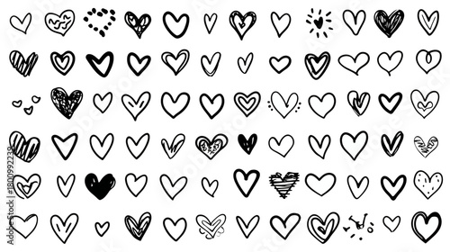 Large collection of hand-drawn heart doodles and scribble shapes in various styles. Perfect for love, romance, affection, Valentine's Day, wedding, and graphic design projects.