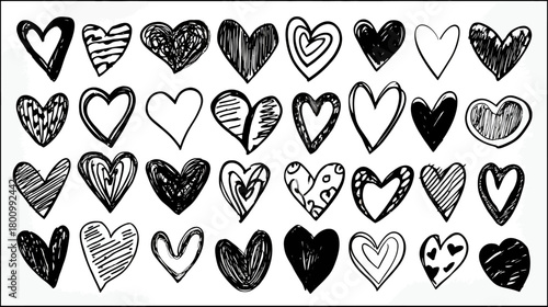 Hand-drawn doodle heart shapes collection. Set of various sketchy love symbols and romantic icons in black and white for graphic design.