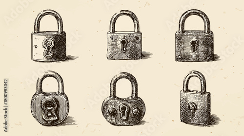 Set of vintage padlocks illustration. Old antique metal security locks in hand-drawn engraving style on light background.