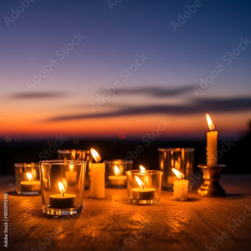 Multiple lit candles in glass holders arranged outdoors on a wooden surface during sunset, creating a warm and peaceful ambiance