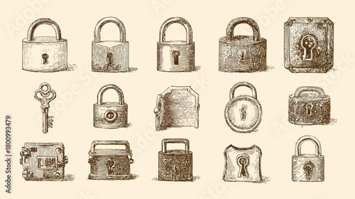 Vintage Hand Drawn Padlocks and Key Collection, Antique Lock and Security Illustration Set, Engraved Style Icons