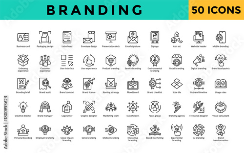 Branding icons set with business card, packaging design, letterhead, envelope design, presentation deck icon. Simple line vector 
