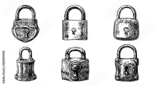 Vintage Padlocks Illustration Set: Hand-Drawn Antique Locks for Security, Privacy, and Access Concepts